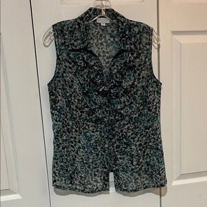 Tahari Teal and Black Ruffle Blouse